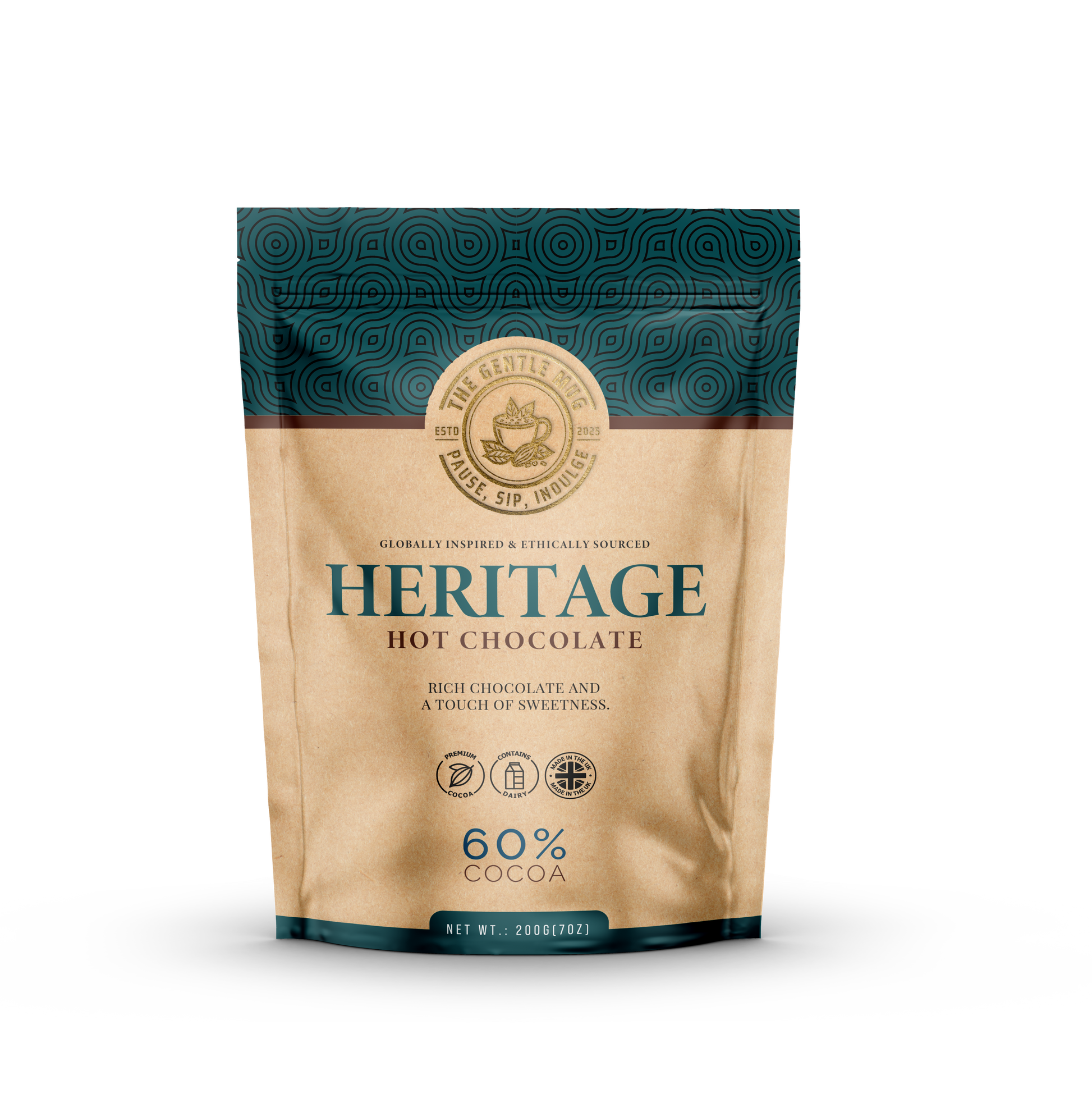 Heritage Hot Chocolate pouch - a rich, classic cocoa with deep chocolate and vanilla notes.